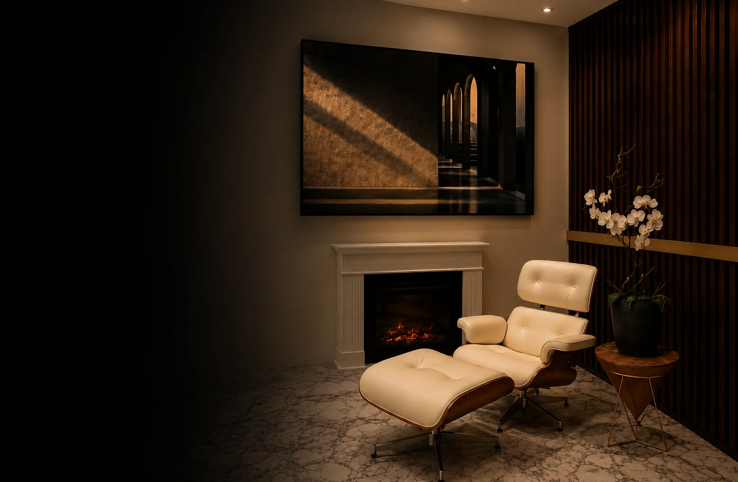Collected design atmosphere with white Eames lounge chair, fireplace, walnut screens and marble floor in a Milan residence
